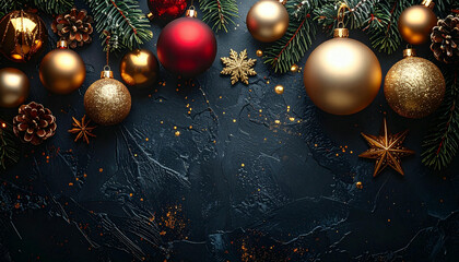 Festive Christmas background with fir branches, golden and red baubles, pinecones, and stars on a dark textured surface, perfect for holiday greetings.