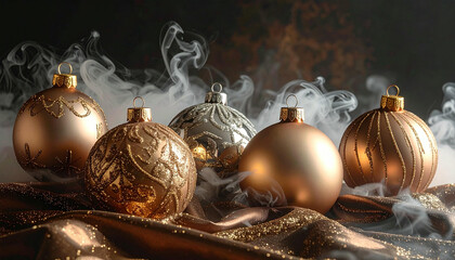 Five elegant gold and silver Christmas ornaments resting on shimmering fabric with a smoky background, creating a festive and luxurious holiday scene.