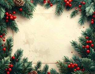 A festive Christmas border with evergreen branches, red berries, and pinecones framing a blank, rustic background, perfect for holiday greetings.