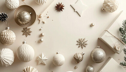 A beautiful overhead view of elegant white and gold Christmas ornaments and festive decorations artfully arranged on a light, neutral background.