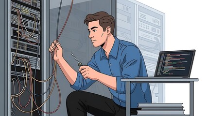 IT Specialist Working on Server Equipment.