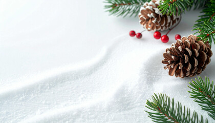 Winter holiday background with pine branches, snowy cones, and red berries on a white surface.
