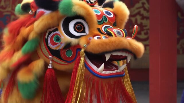 The Lion's Tassel Swing. Chinese New Year. A Lion Dance head shaking vigorously, causing the long, multi-colored tassels attached to its head to whip out in a wide, circular blur of color.
