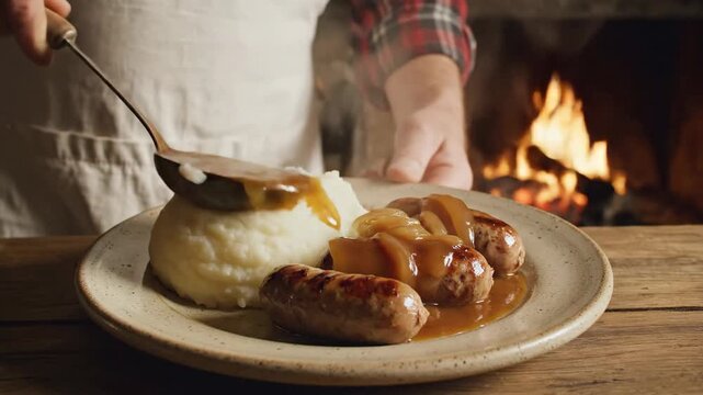 Classic Bangers and Mash with Steaming Gravy, Freshly Served by a Cozy Fireplace