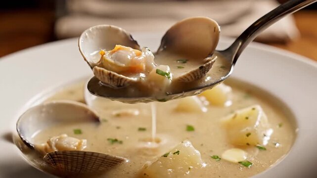 Close-up of creamy clam chowder being served, featuring clams, potatoes, and herbs. Delicious seafood soup.