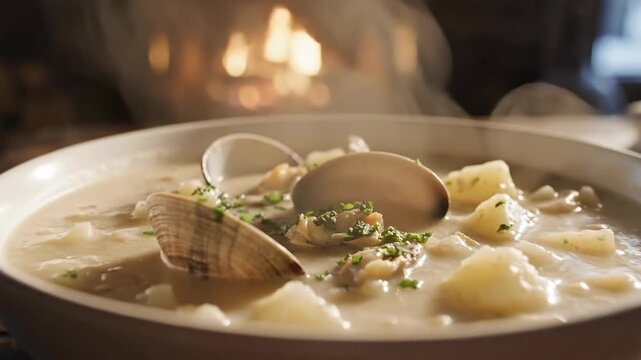 Steaming Hot Clam Chowder with Whole Clams & Potatoes, Garnished with Herbs. Cozy, Rustic Dining Experience