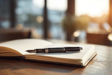 Fototapeta premium A stylish pen rests on an open notebook, bathed in warm sunlight.