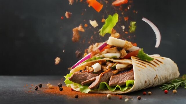 fresh grilled beef turkish or chicken arabic shawarma doner sandwich with flying ingredients.