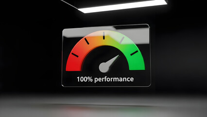 A digital performance gauge displays "100% performance" with a needle pointing to the green maximum, symbolizing optimal efficiency and success.