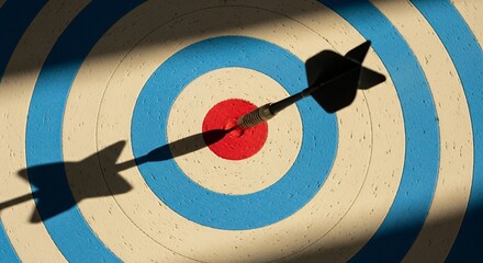 Precision Arrow Hits Bullseye on Target with Dramatic Shadow Business Success and Goal Achievement Concept