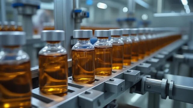 Glass vials filled with liquid moving along an automated production line in a pharmaceutical.