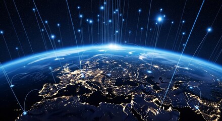 Global Network Connection Earth Illuminated by Digital Light Streams Representing Connectivity and Technology Advancements