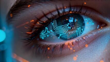 A human eye with a glowing blue circuit board pattern reflecting in the iris, symbolizing digital vision and technology. - Powered by Adobe