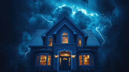 Two-story house illuminated at night by warm interior lighting against a backdrop of striking lightning