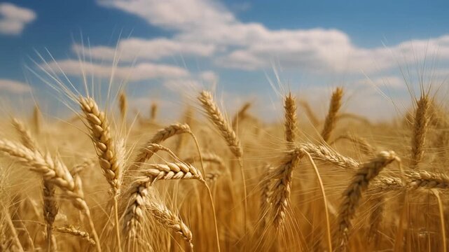 Golden wheat field closeup view in sunlight. Ripe ears of wheat under blue sky with clouds