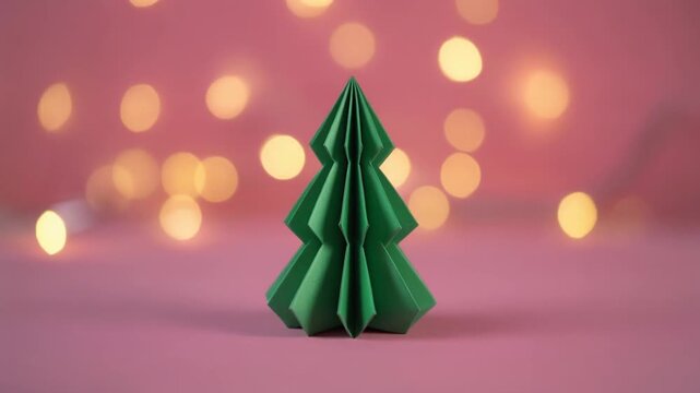 Green paper origami christmas tree standing on a pink background with gentle bokeh lights