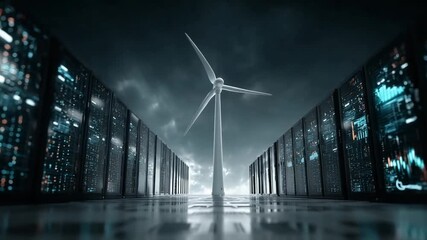 Wind turbine surrounded by data servers under clouds - Powered by Adobe