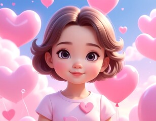 Sweet cartoon girl surrounded by floating pink heart balloons