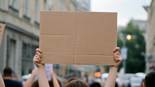 Hands holding blank cardboard sign in the air at protest or demonstration