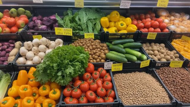 Healthy diet food in a grocery store. Variety of colorful vegetables, leafy greens, and legu.