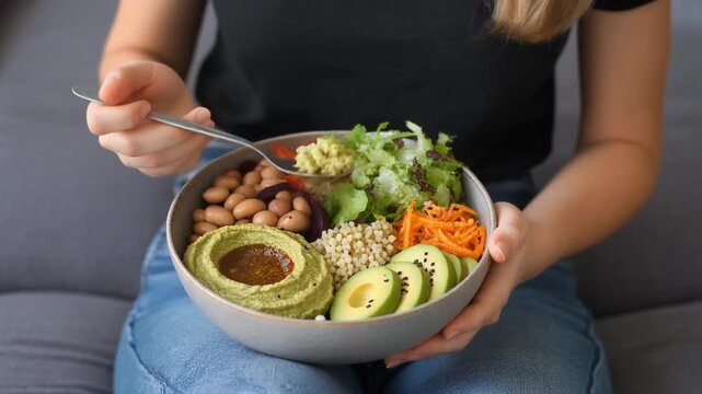 Healthy dinner or lunch. Woman in t-shirt and jeans eating vegan superbowl or Buddha bowl