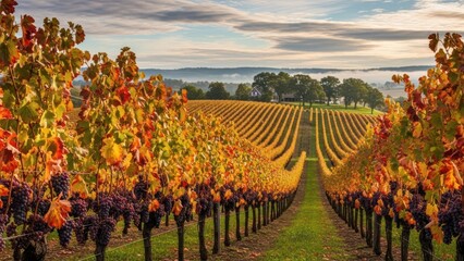 Naklejka premium Autumn vineyard landscape with rows of colorful grapevines under a cloudy sky