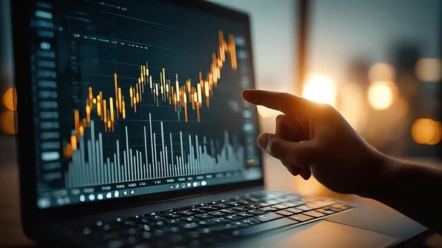 Hand points to financial growth charts displayed on a computer screen in an office setting during a daytime analysis.