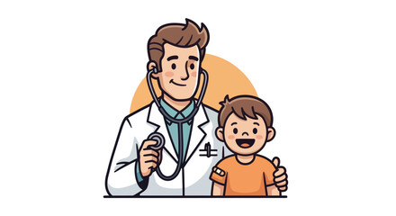Fototapeta premium Cartoon doctor with stethoscope examining a smiling child after a vaccination