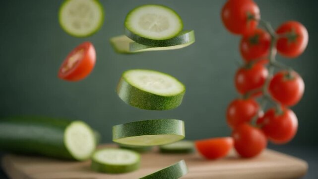 Lamelles de courgettes et tomates cerises en vol