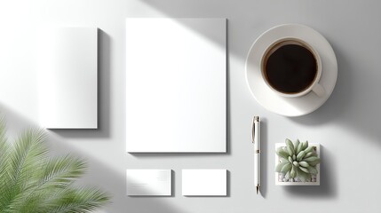 Minimalistic workspace with stationery and a cup of coffee.