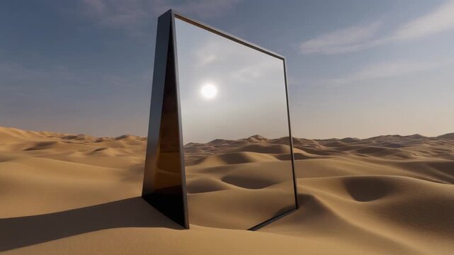 Large rectangular mirror on sand desert reflection futuristic landscape geometric surrealism.