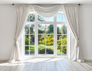 Sunny interior with large window and garden view, adorned with curtains