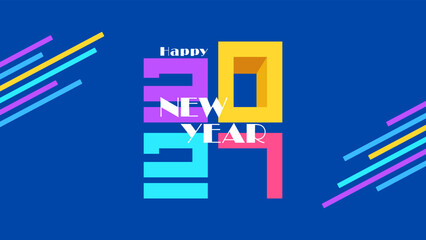 2027 calendar. 2027 Happy New Year banner with colorful geometric 3D numbers and abstract lines on blue background. New Year 2027 Celebration with bold colorful geometric numbers. diagonal lines