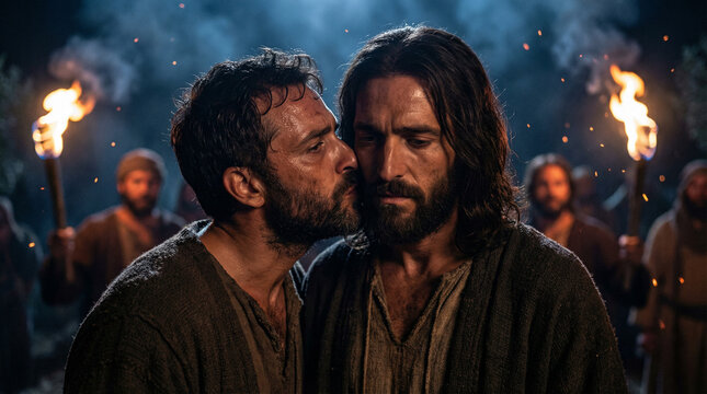 The Kiss of Judas Iscariot betraying Jesus Christ in the Garden of Gethsemane. Biblical scene of betrayal with soldiers holding torches at night. Dramatic Passion of Christ illustration