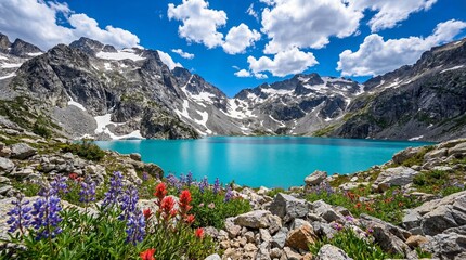 Scenic alpine landscape with turquoise lake, wildflowers and snowy mountains under blue sky.