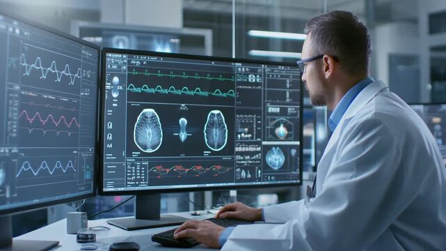 Medical Professional Analyzing Data- A focused medical professional in a modern research fac.