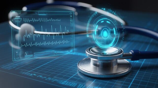 Medical tech future stethoscope on screen showing cardiogram, digital interface, artificial .