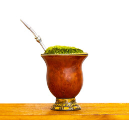 Traditional Yerba Mate chimarr&atilde;o Drink in Gourd with Bombilla, isolated on white