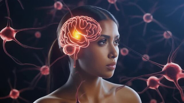 Neurological visualization of a woman's brain with active neurons. Medical animation for sci.