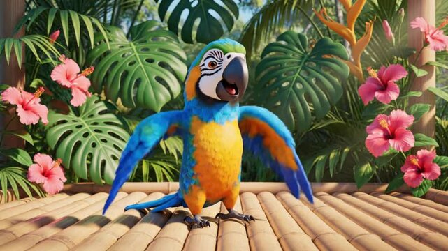 A cartoon parrot performing a fun dance on a tropical-themed background, ideal for kids&rsquo; videos or entertainment content.