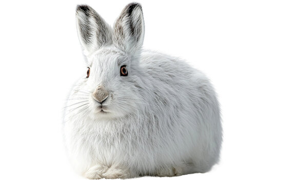 White arctic hare sitting alert presenting seasonal wildlife beauty and peaceful nature scene isolated on transparent background PNG