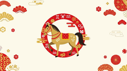 Embrace the spirit of Japanese-chinese New Year with a majestic golden horse illustration, featuring traditional patterns and auspicious symbols for good fortune and prosperity