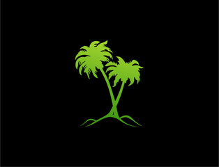 Two green palm trees on a black background