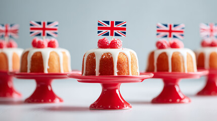 Mini cakes with white icing and fresh raspberries topped with british flags on a red cake stand for celebration