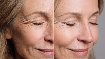 Middle-aged woman with smooth skin and minimal wrinkles, demonstrating skincare or anti-aging effects in split-screen view