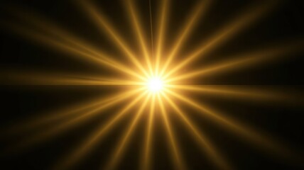 Bright golden sunburst with lens flare and radial rays on a dark background, abstract light effect