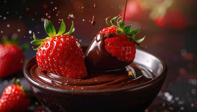 Fresh strawberries with melted chocolate in bowl