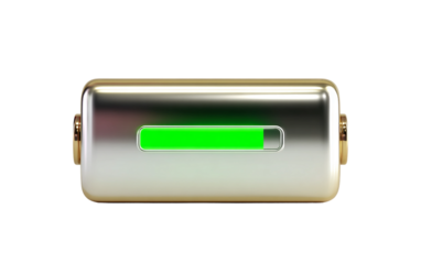 Battery with full metallic casing and glowing indicator showing modern energy storage concept isolated on transparent background PNG