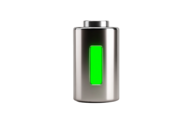 Metallic battery featuring polished casing and illuminated detail emphasizing power and technology isolated on transparent background PNG