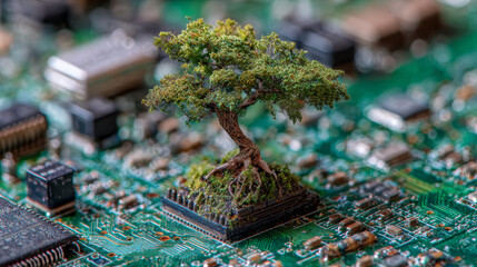 Miniature bonsai tree with lush green foliage and textured bark growing on an electronic circuit board with intricate wiring and components